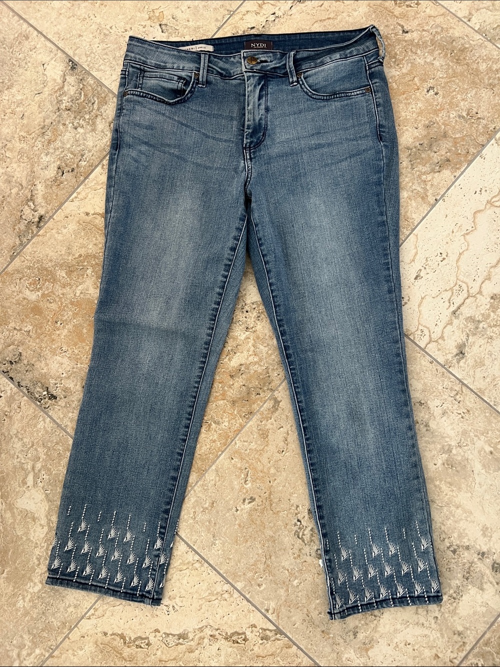 NYDJ Blue Cropped Jeans with Embellished Hem